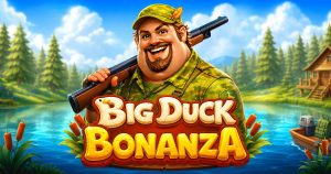 Cheerful Cartoon Hunter with a Shotgun over His Shoulder Beside a Lake Title Reads big Duck Bonanza on a Colorful Banner