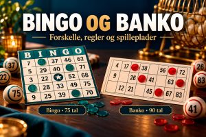 Two Bingo Cards on a Wooden Table with Chips and Balls Titled bingo Og Banko with Danish Subtitle About Rules and Boards