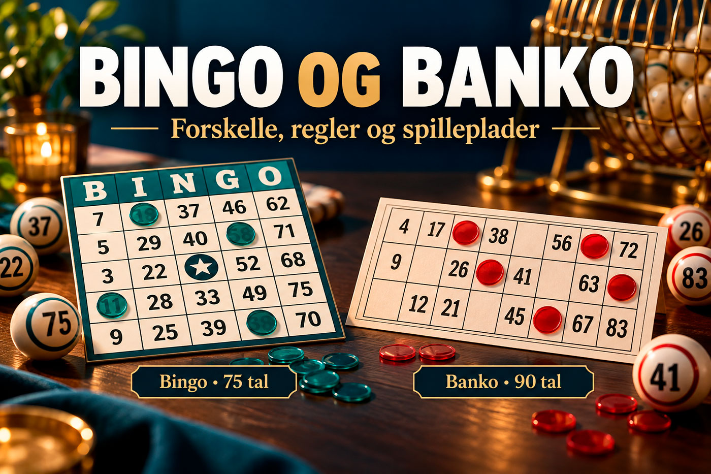 Two Bingo Cards on a Wooden Table with Chips and Balls Titled bingo Og Banko with Danish Subtitle About Rules and Boards