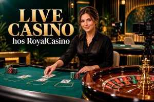 Female Live Casino Dealer in Black Attire at a Green Felt Table with Cards Chips and a Roulette Wheel Nearby