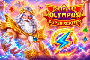 Zeus in Golden Armor with Glowing Blue Eyes Raises a Hand Conjuring Lightning Beside a Vibrant gates of Olympus Title and Bright Gems