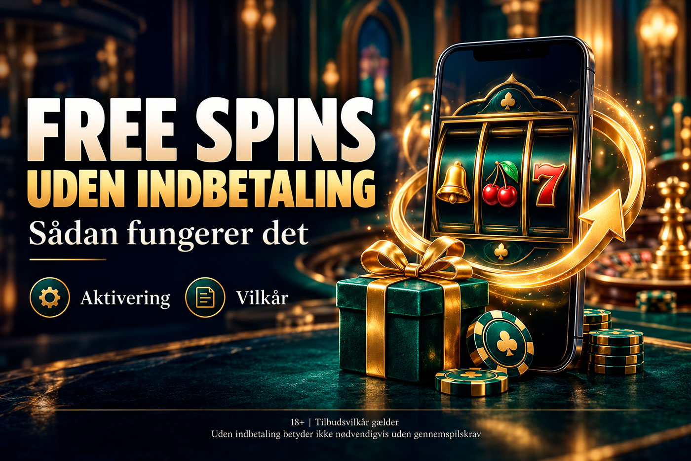 Promo Banner for Free Spins Gold Slot Machine on a Smartphone with a Green Gift Box and Coins in a Casino Setting Text Reads free Spins Uden Indbetaling
