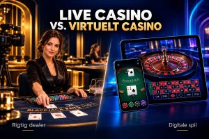 Female Dealer at a Luxe Live Blackjack Table with a Tablet and Smartphone Showing Virtual Casino Games for Comparison