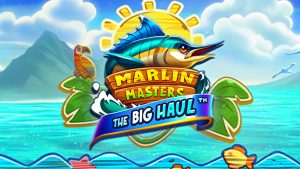 Colorful Game Splash with a Bold Marlin Jumping Above a Wooden Sign That Reads marlin Masters and a Blue Banner the Big Haul over a Tropical Seascape with Sun and Palm Leaves