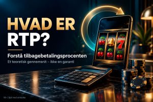 Danish Casino Banner Text hvad Er Rtp with a Smartphone Slot Machine and Stacked Poker Chips Promoting Rtp Basics