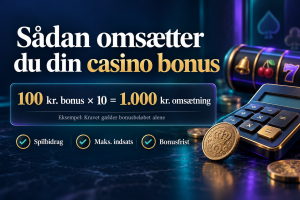 Banner Sådan Omsætter Du Din Casino Bonus 100 Kr Bonus × 10 = 1000 Kr Omsætning Baggrund Med Spillemaskin Og Mønter
