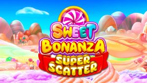 Bright Candythemed Banner for the Game sweet Bonanza with Colorful Lettering and a Candy Landscape Sunset Sky